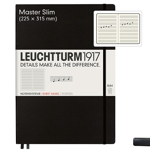 Notizbuch Master Slim (A4+), Hardcover, 123 nummerierte Seiten, Schwarz, Notenlinien