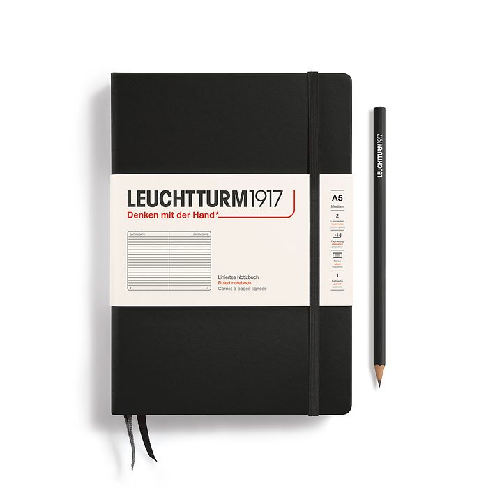 Notizbuch Medium (A5), Hardcover, 251 nummerierte Seiten, Schwarz, Liniert