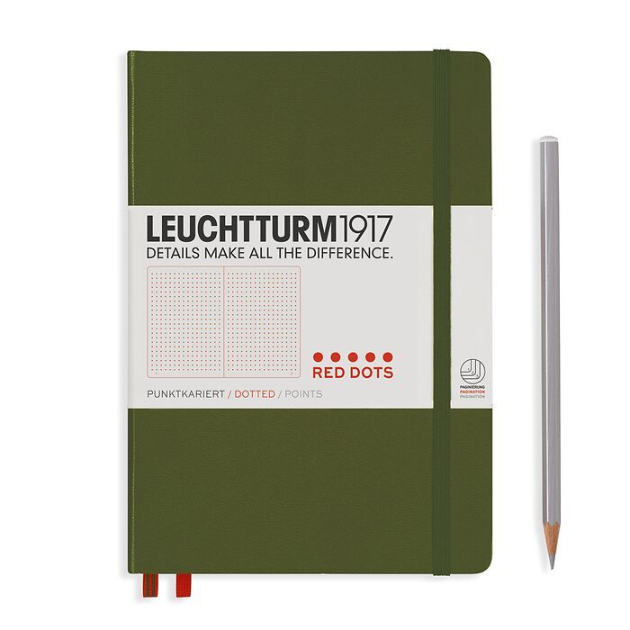 Notizbuch Medium (A5), Red Dots, Hardcover, 251 nummerierte Seiten, Army, Dotted
