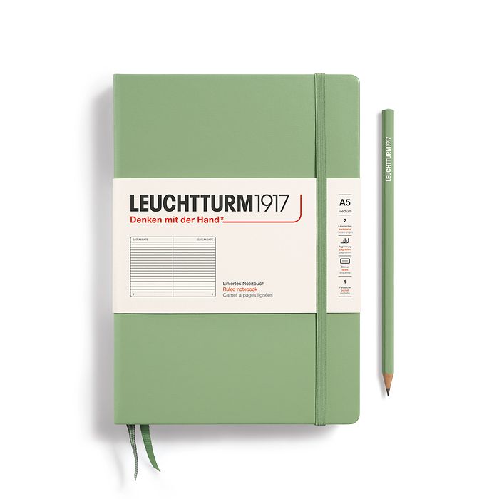Notizbuch Medium (A5), Hardcover, 251 nummerierte Seiten, Salbei, Liniert