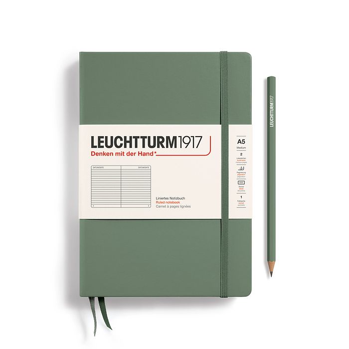 Notizbuch Medium (A5), Hardcover, 251 nummerierte Seiten, Olive, liniert