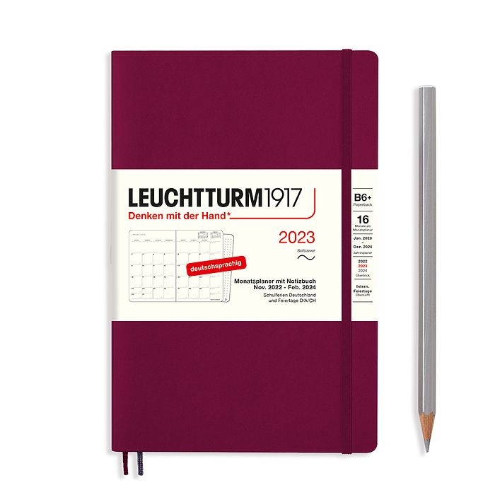 Monatsplaner & Notizbuch Paperback (B6+) 2023, 16 Monate, Softcover, Port Red, Deutsch